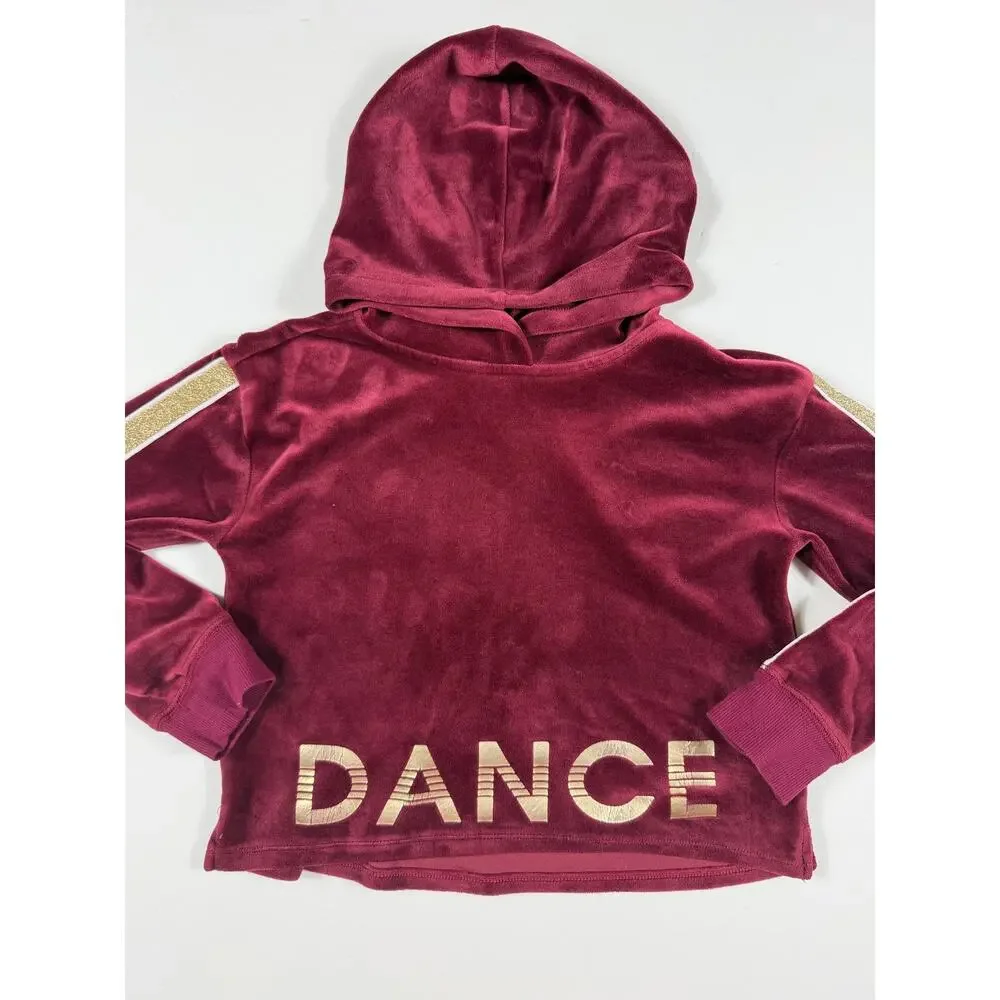 Justice Active Girls Velour Dance Hoodie Jogger Set Burgundy Gold Glitter Size 7